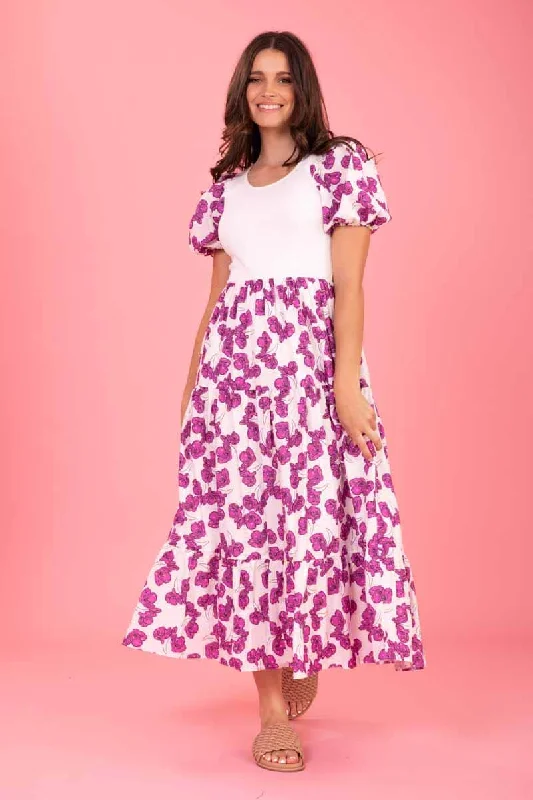 Maxi - inspired midi dresses with flowing fabrics for a beachy vibe Hershey Midi Dress Cerise Floral Maxi - inspired midi dresses with flowing fabrics for a beachy vibe Hershey Midi Dress Cerise Floral