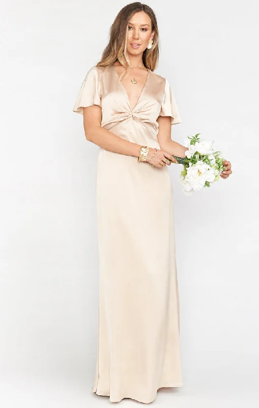 Maternity dress for a movie night out Rome Twist Gown ~ Champagne Luxe Satin