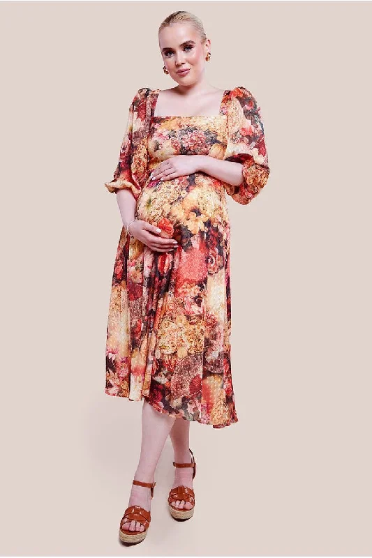 Maternity dress for a baby's first visit to the community garden Goddiva Maternity Puff Sleeve Printed Shirred Back Midi Dress - Orange Maternity dress for a baby's first visit to the community garden Goddiva Maternity Puff Sleeve Printed Shirred Back Midi Dress - Orange