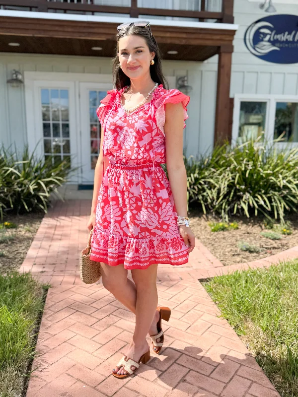 Everyday Dress with Detachable Sleeves for Seasonal Versatility The Sienna Printed Ruffle Dress-Pink Everyday Dress with Detachable Sleeves for Seasonal Versatility The Sienna Printed Ruffle Dress-Pink