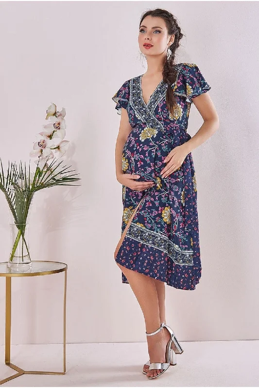 Maternity dress for a bridal shower as a hostess Goddiva Maternity Floral Print Midi Navy Print Maternity dress for a bridal shower as a hostess Goddiva Maternity Floral Print Midi Navy Print
