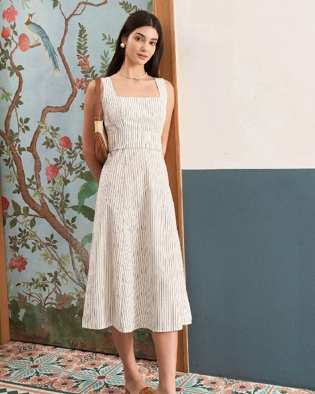 Midi dresses with tiered skirts for a bohemian festival look The White Square Neck Striped Midi Dress Midi dresses with tiered skirts for a bohemian festival look The White Square Neck Striped Midi Dress