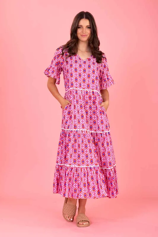 High - low midi dresses with geometric patterns for a modern party Tyler Midi Dress Pink Red Print High - low midi dresses with geometric patterns for a modern party Tyler Midi Dress Pink Red Print