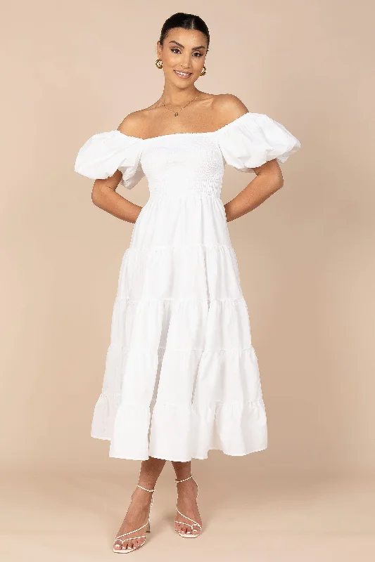 Maternity dress for a baby's first visit to the water garden Annette Puff Sleeve Shirred Midi Dress - White Maternity dress for a baby's first visit to the water garden Annette Puff Sleeve Shirred Midi Dress - White