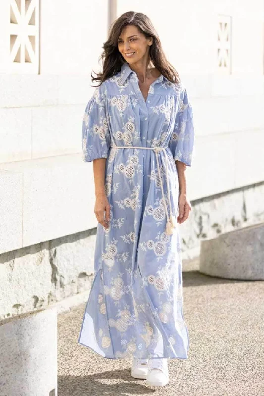 Midi dresses with empire waists for a flattering maternity option Whitehaven Embroidered Shirt Dress Blue Midi dresses with empire waists for a flattering maternity option Whitehaven Embroidered Shirt Dress Blue