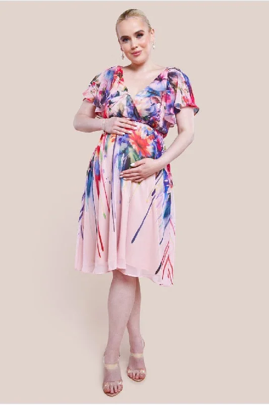 Maternity dress for a baby's first visit to the aquarium Goddiva Maternity Flutter Sleeve Floral Bodice Midi Dress - Blush Maternity dress for a baby's first visit to the aquarium Goddiva Maternity Flutter Sleeve Floral Bodice Midi Dress - Blush