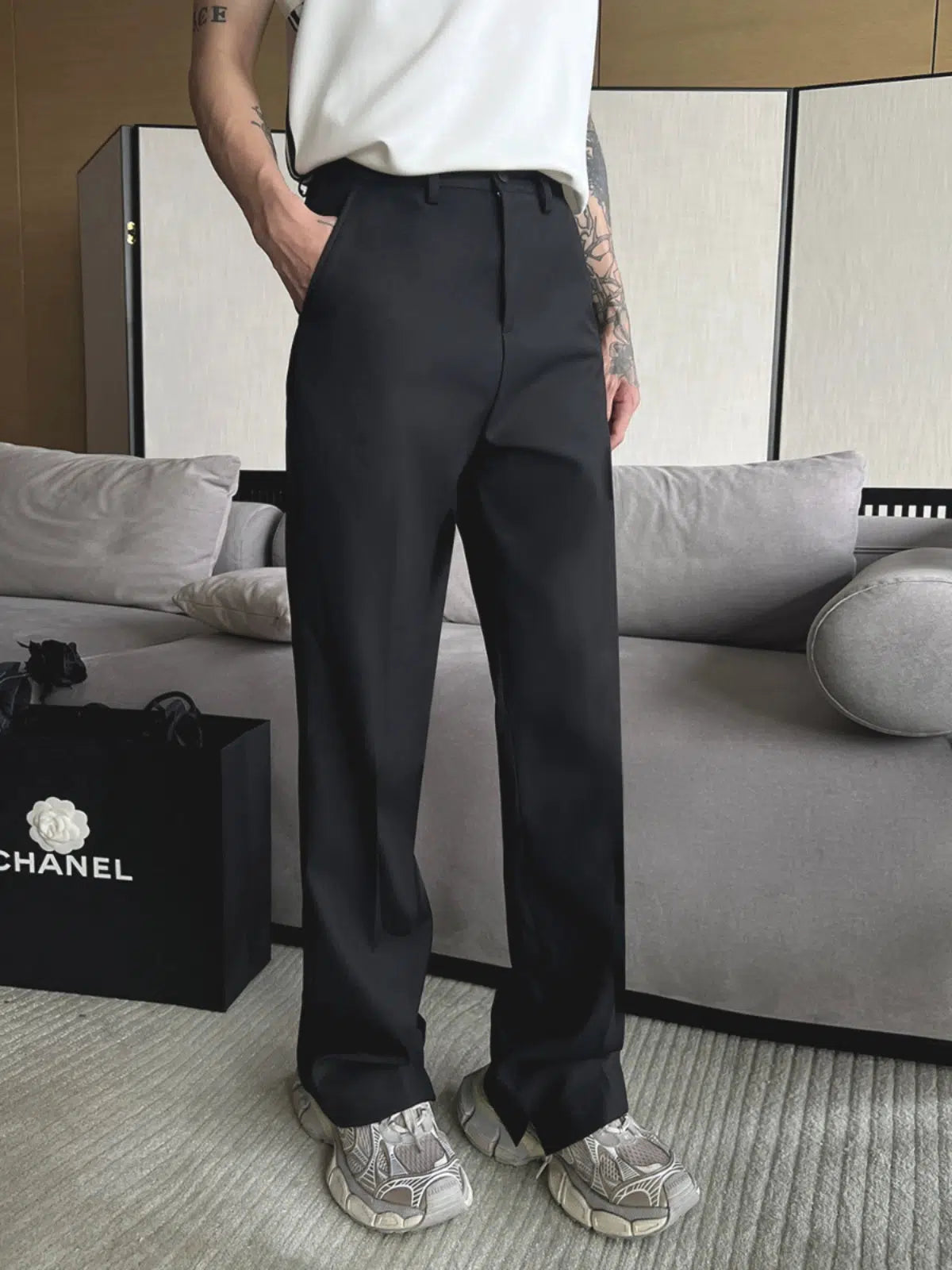 Black Slit Slim Suit Pants