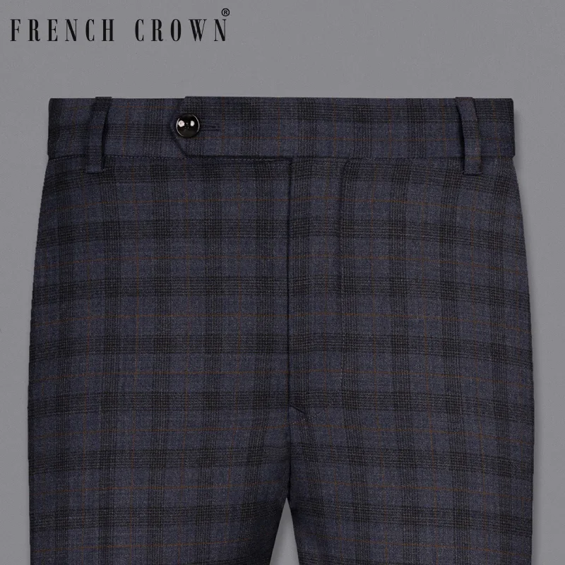 Navy Blue Plaid Wool Rich Pant