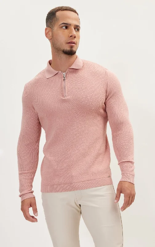 Quarter Zipper Ribbed Polo - Rose