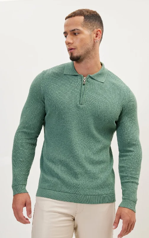 Quarter Zipper Ribbed Polo - Teal Green