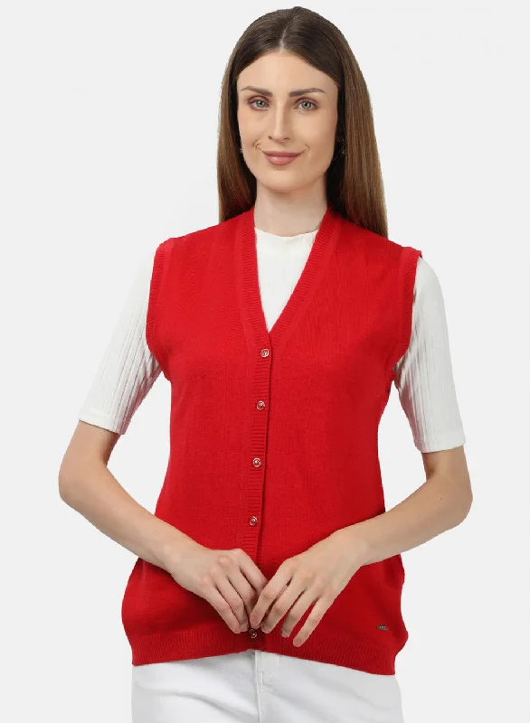 Women Red Solid Cardigan