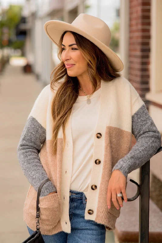 Neutral Blocked Button Accent Cardigan