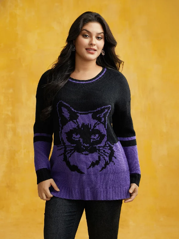 Mystic Cat Pattern Crew Neck Pullover