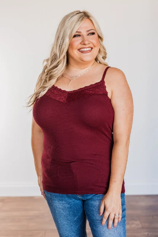 Pulse Basics Lace Trimmed Tank Top- Burgundy