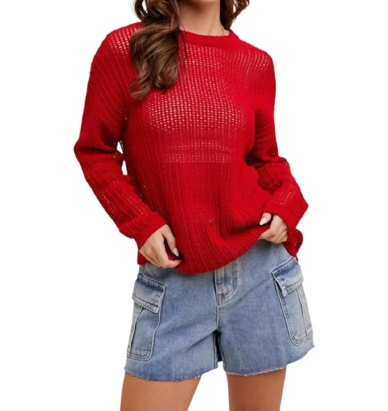 Rolly Open Knit Sweater In Red