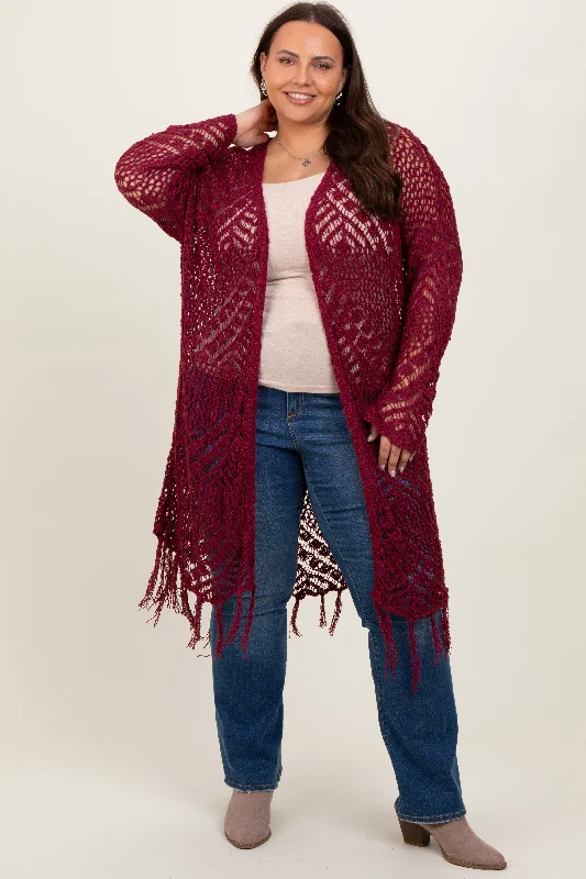 Burgundy Crochet Fringe Hem Plus Cardigan