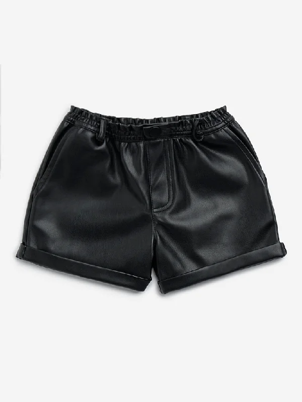 HOP Kids Black Faux Leather High-Rise Shorts