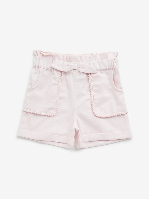 HOP Kids Light Pink Paperbag-Waist Mid-Rise Cotton Shorts