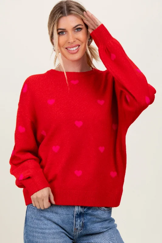 Red Heart Print Oversized Sweater