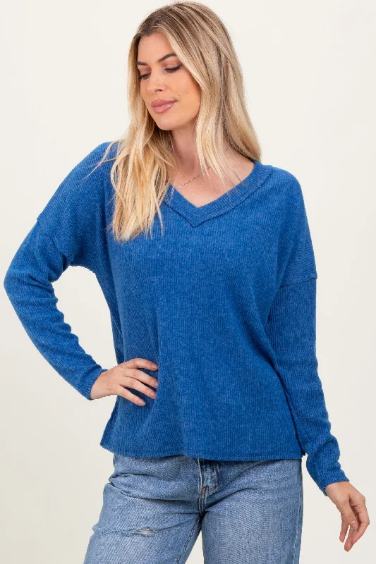 Royal Blue Ribbed V-Neck Long Sleeve Top