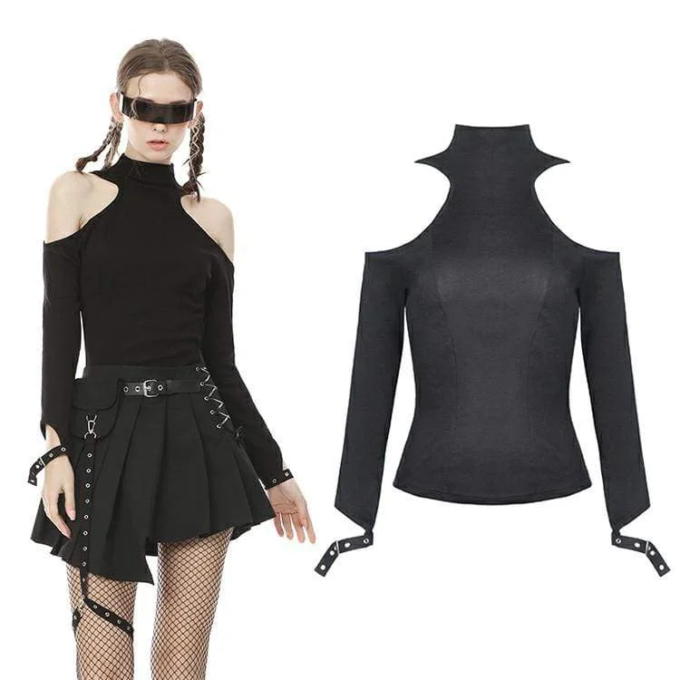 Women's Punk Cutout Shoulder Long Sleeved Tee