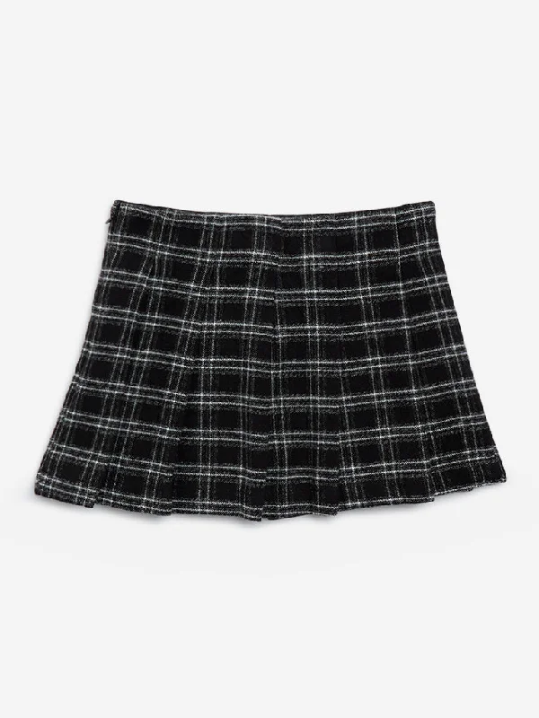 Y&F Kids Black Checks Printed High-Rise Cotton Skirt